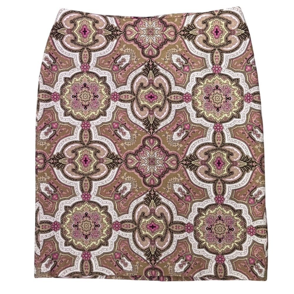 Talbots Women's Size 12 Pencil Skirt‎ Brown Pink Geometric Pattern Cotton Lined